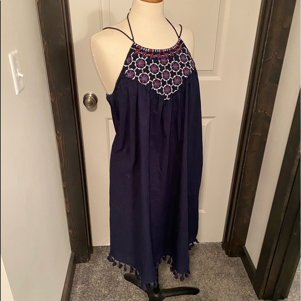 Loft. Cute tasseled and embroidered dress. Adjustable tie.